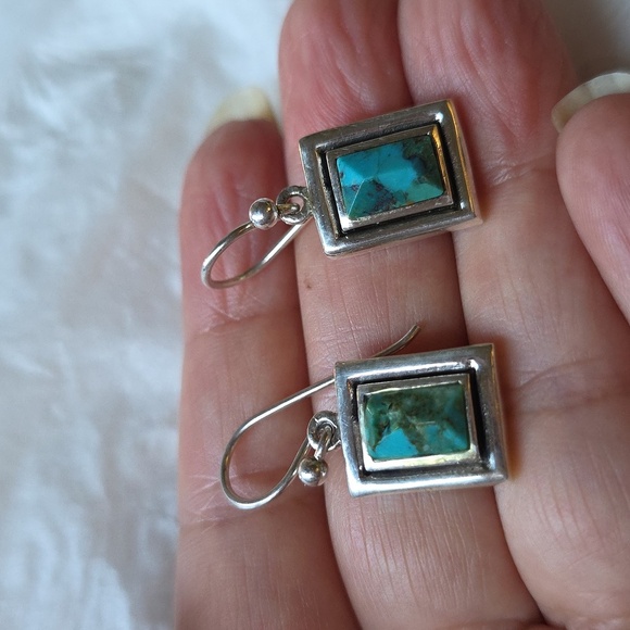 Vintage Turquoise and Silver Rectangular Earrings - Picture 7 of 8
